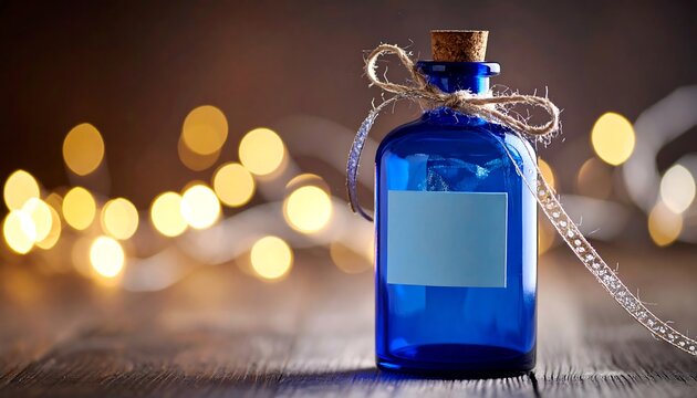 Blue potion bottle with bokeh lights.