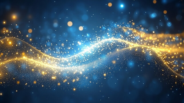 Abstract digital artwork of gold and blue particles flowing in waves against a dark background