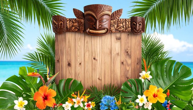 Wooden sign adorned with tropical flowers and tiki masks, set against a beach backdrop