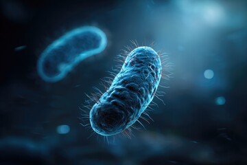 Close-up of a microscopic bacterium. Dark, blurry background