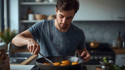 Young Boy Frying Chicken in Kitchen on National Cooking Day – Delicious Homemade Meal Preparation