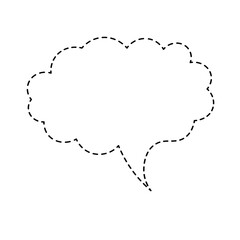 Cloud shaped dashed outline speech bubble with small tail, doodle style icon for chat, text, messaging, and communication.