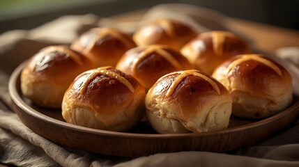 Tasty Hot Cross Buns on Wooden Plate – Traditional Bakery Treat for National Hot Cross Bun Day