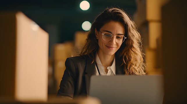 woman at freight forwarding company using laptop high detail 8K