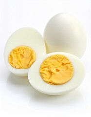 Close-up of a cracked egg, highlighting its vibrant yolk and versatile nature ideal for breakfast, cooking ingredients, or nutrition concepts. Egg in white background, sliced egg