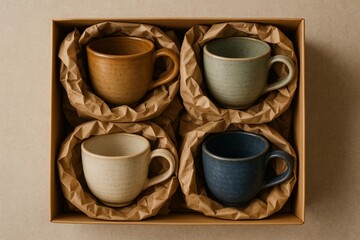 Fototapeta premium Gift box of artisan coffee cups cozy home product photography warm environment top-down view unique gifting concept