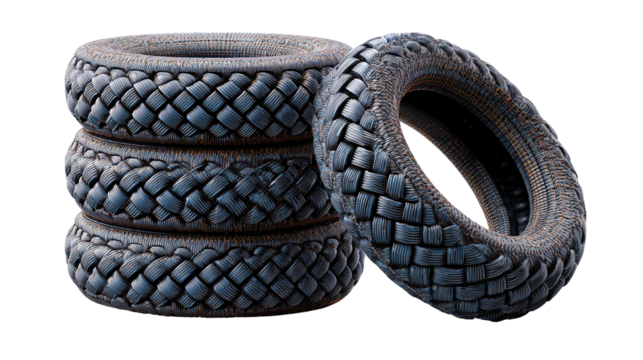 Stack of Black Tires: A stack of brand new, high-quality black tires is displayed prominently. The tires are in a photorealistic, close-up shot, focusing on their rugged tread and the circular shape.