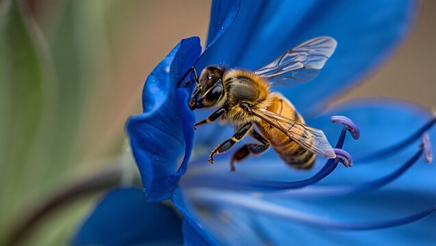 Macro Bee Collecting Pollen on Vibrant Blue Flower