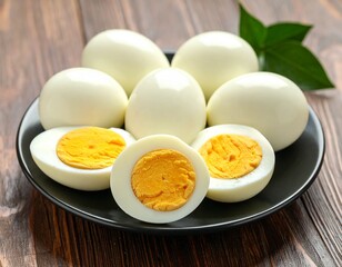 Close-up of a cracked egg, highlighting its vibrant yolk and versatile nature ideal for breakfast, cooking ingredients, or nutrition concepts. Egg in white background, sliced egg