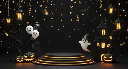 A creatively designed 3D Halloween scene with spooky elements and festive decorations.