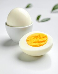 Close-up of a cracked egg, highlighting its vibrant yolk and versatile nature ideal for breakfast, cooking ingredients, or nutrition concepts. Egg in white background, sliced egg