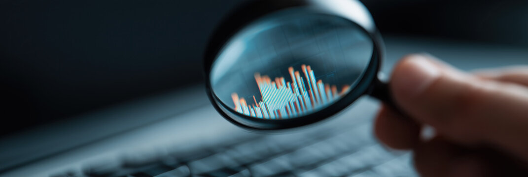 Magnifying glass reveals colorful bar chart data during detailed business analytics investigation