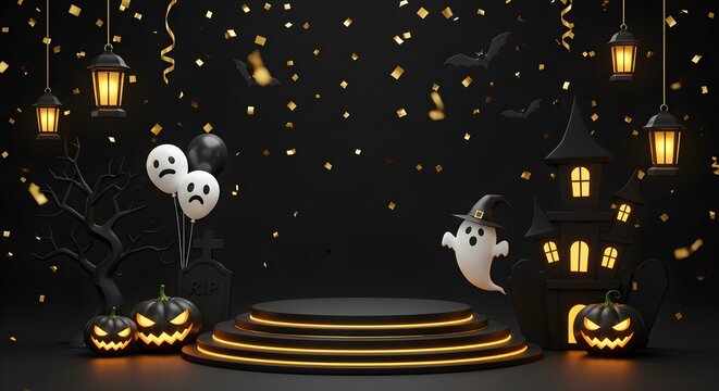 A creatively designed 3D Halloween scene with spooky elements and festive decorations.