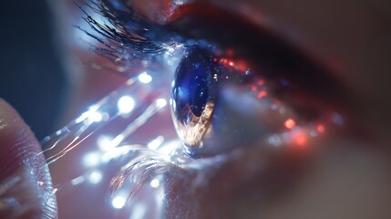 Human eye reflects bokeh lights in close-up. Captures iris, lashes, skin. Use for healthcare, beauty, ophthalmology marketing, tech visuals, editorial.