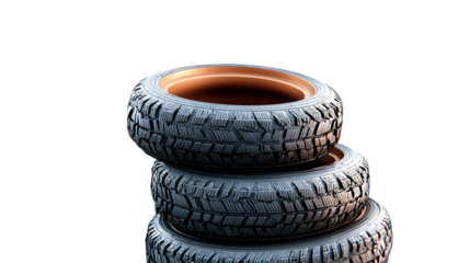 Stacked Tire Silhouette: A minimalist, high-angle perspective of a trio of rugged tires, offering a stark, industrial feel, conveying concepts of transport and replacement.