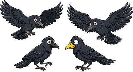 Cartoon ravens, black birds, flying and standing poses, expressive characters, yellow beak variant, vector illustration, spooky animals, Halloween clipart, bird pack