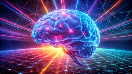 Abstract glowing human brain with interconnected neural network and light rays