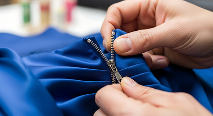Close-up of hands carefully working on a blue satin garment, adjusting or repairing a silver zipper.