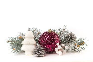 Christmas card with fir branches and Christmas decorations. Copy space