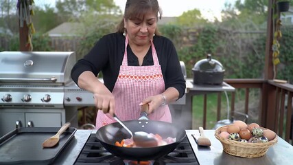 Experienced Cook Browns Chicken and Carrots in a Wok with a Silver Spatula on an Outdoor Grill with a Stainless Steel Cooktop Under Natural Lighting and with Eggs on a Basket Adjacent to the Stove