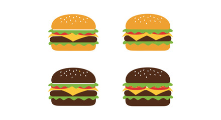 Four Burgers with Different Buns Isolated on White Background Flat Vector Illustration