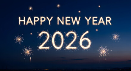 Happy New Year 2026 Glowing Text with Sparklers on a Dark Blue Night Sky.