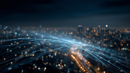 Network over City at Night: Abstract digital network lines intricately weave above a sprawling cityscape at night, showcasing interconnectedness and technological advancement, all enveloped in a cool.