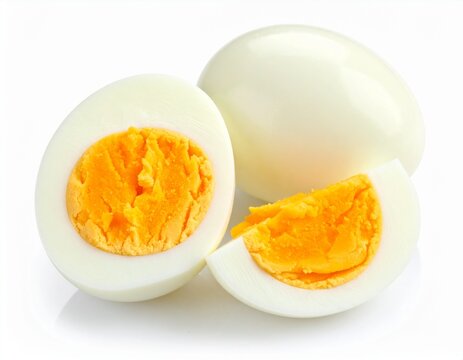 Close-up of a cracked egg, highlighting its vibrant yolk and versatile nature ideal for breakfast, cooking ingredients, or nutrition concepts. Egg in white background, sliced egg
