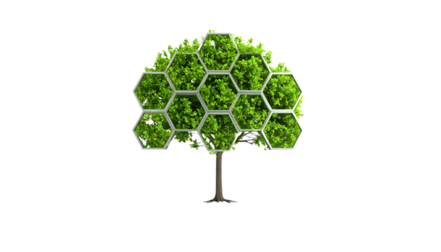 A modern tree with green foliage arranged in hexagonal cells, representing innovation and sustainability isolated on solid white background