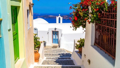 Charming alleyway with colorful buildings, stone steps, vibrant flowers, and a sea view