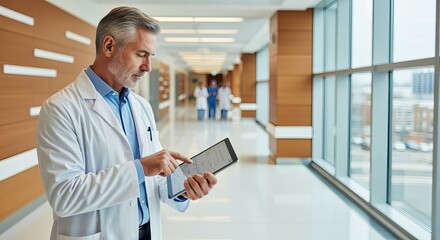A gray-haired doctor in a white coat is focused while using a tablet in a brightly lit hallway, making a decision.