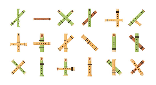 A colorful collection of illustrated bamboo flutes in various arrangements and flat design style.