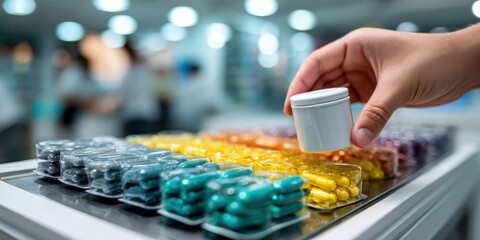 Hand picking white supplement jar in modern pharmacy