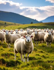Fototapeta premium Sheep herd in a grassy valley
