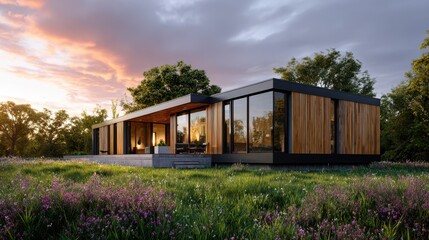 Obraz premium A sleek modern house with wooden paneling and large glass windows stands surrounded by blooming wildflowers and trees at sunset.