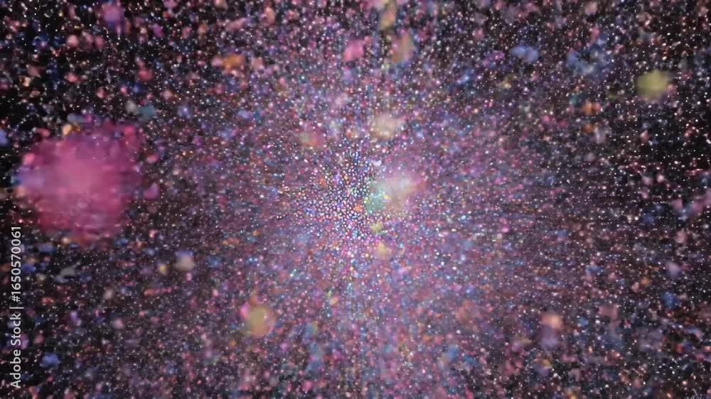 Poster a dense scattering of small blurry colorful particles or droplets against a dark background with a c