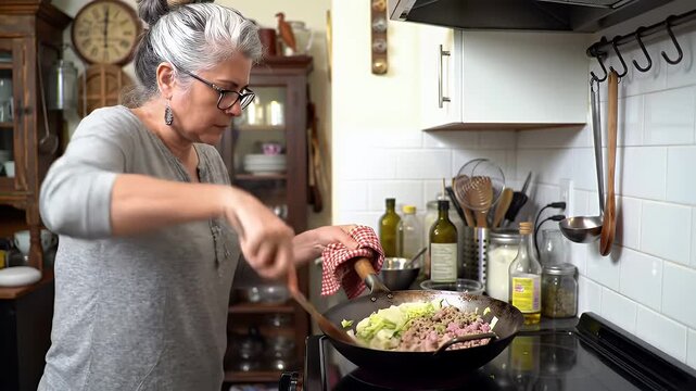 Home Cooking in Action Woman with Gray Hair Expertly Saut?ing Minced Pork and Cabbage in a Wok on a Black Stovetop Surrounded by Kitchen Utensils and White Tiles Bringing a Cozy and Delicious