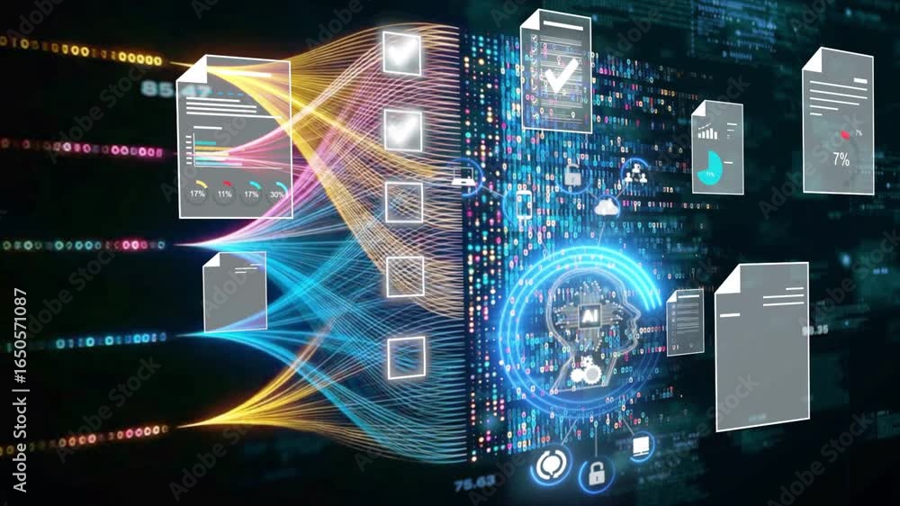 Aufkleber futuristic ai document management system, digital file check on virtual screen, paperless automation