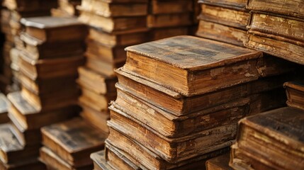 Fototapeta premium Antique books stacked high in a library.