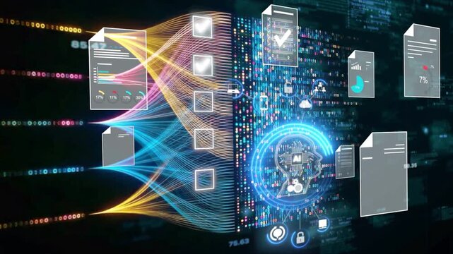 Futuristic AI Document Management System, Digital File Check on Virtual Screen, Paperless Automation Workflow - Powered by Adobe