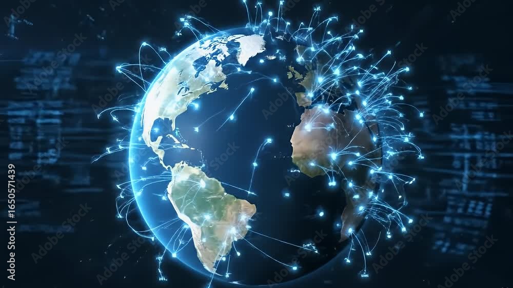 Poster a globe with glowing lines connecting continents set against a dark backdrop