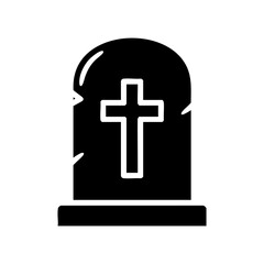 solid glyph icon of tombstone with cross engraving, halloween cemetery theme, bold minimal silhouette