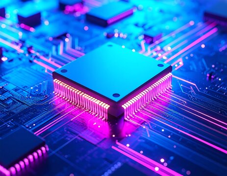 Close-up of a central processing unit on a circuit board, illuminated with vibrant pink and blue neon lighting - Powered by Adobe