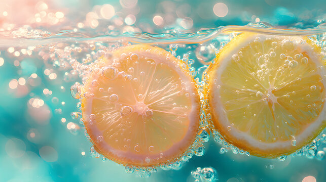 Water fritters with lemon slices in transparent carbonated water