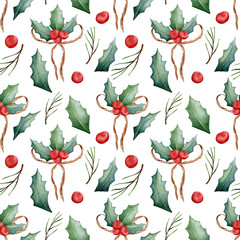 Seamless watercolor pattern. Botanical drawing. Hand drawn holly leaves and berries, rope bow isolated on white background. Design for printing on fabric.