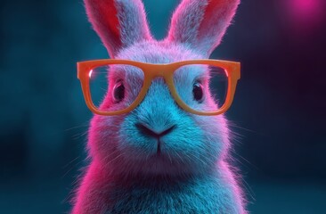 Close-up of a colorful rabbit with pink, blue, and purple fur wearing orange glasses against a dark background