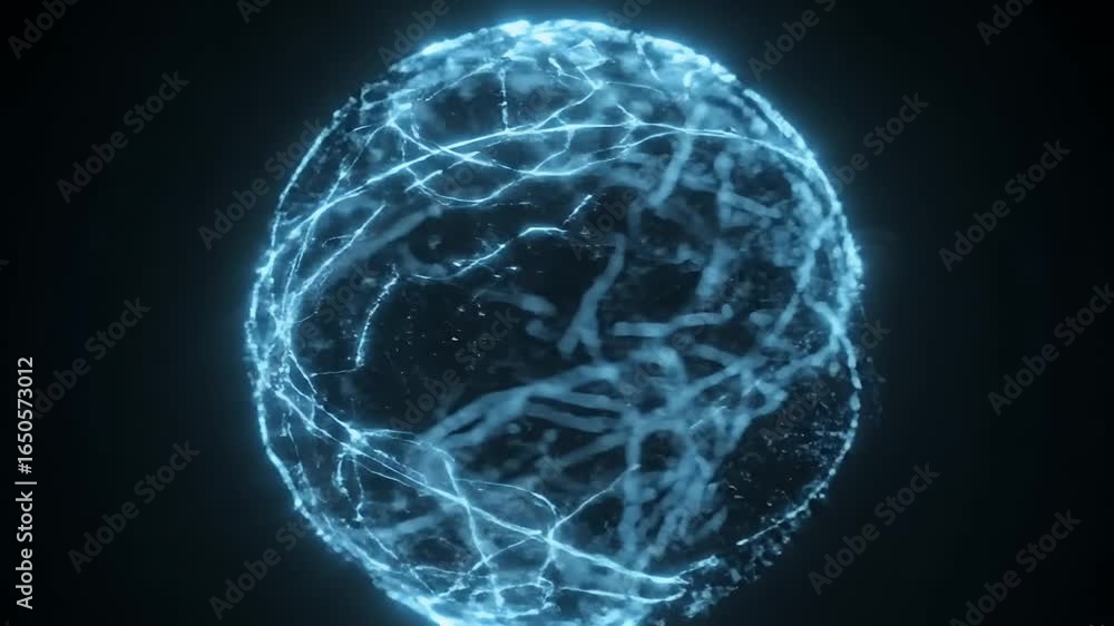 Aufkleber a luminous spherical object with a web of bright blue lines set against a dark background