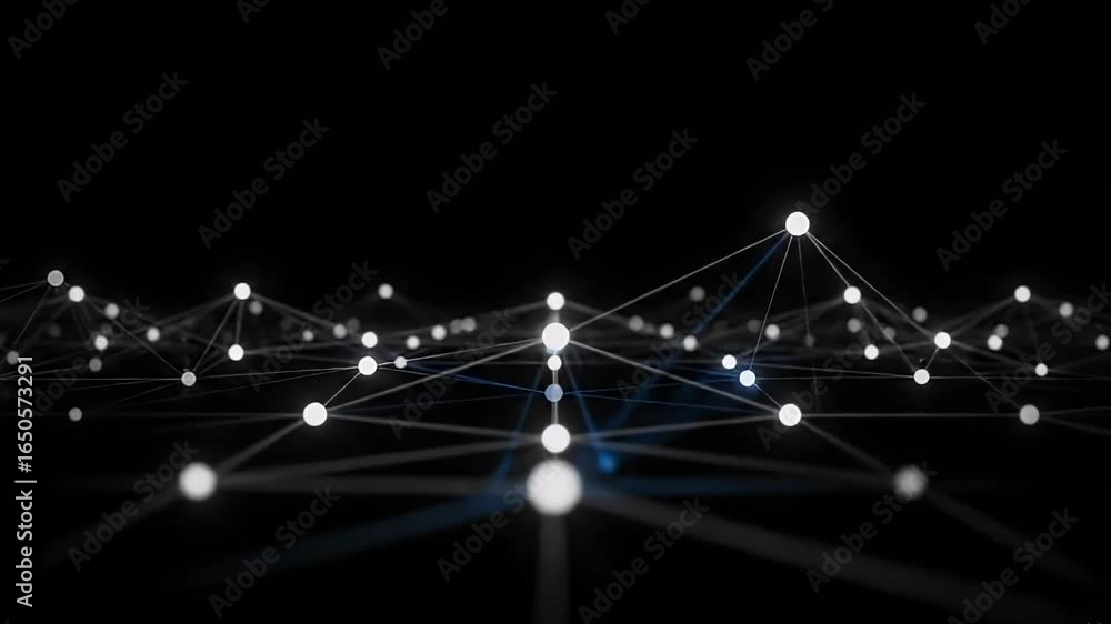 Poster a network of glowing white nodes connected by thin lines against a black background