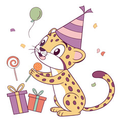 Cute SVG of a Funny Leopard in Candy Shop colors, featuring with a stuffed animal in a Birthday setting