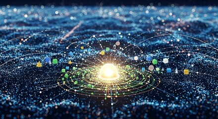 Abstract network with glowing center and orbiting shapes on a dark blue dotted background design concept